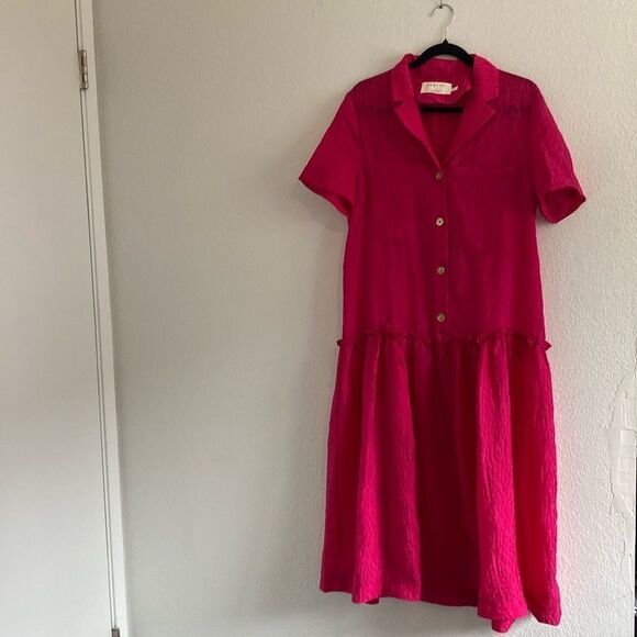 Anthropologie Exquise Deep Raspberry Pink Drop Waist Button-Front Mid Dress - Picture 2 of 9